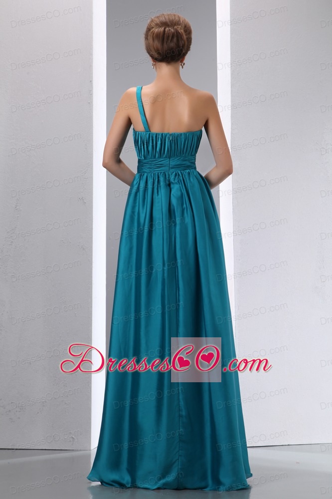 Cheap Teal Prom Dress Empire One Shoulder Hand Made Flowers And Ruching Long Chiffon And Elastic Wove Satin