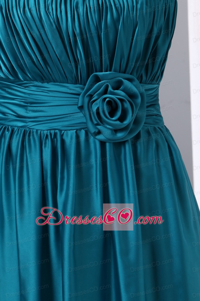 Cheap Teal Prom Dress Empire One Shoulder Hand Made Flowers And Ruching Long Chiffon And Elastic Wove Satin