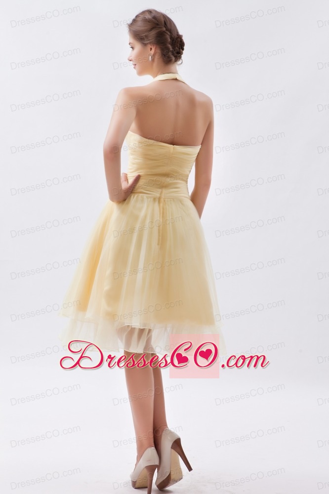 Champagne A-line / Princess Halter Ruched Prom Dress Organza Knee-length