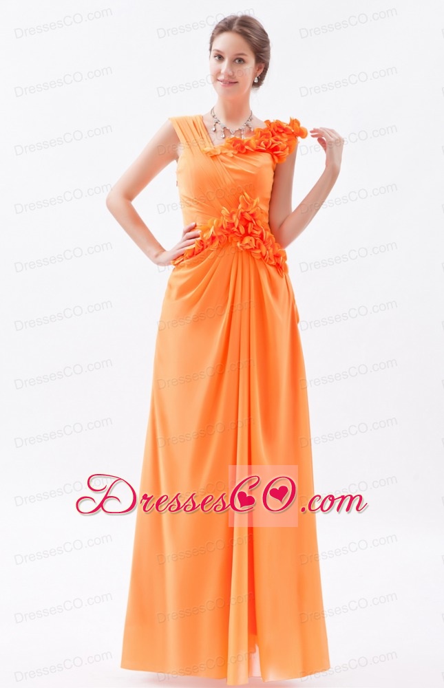 Orange Column / Sheath Asymmetrical Prom Dress Chiffon Hand Made Flowers Long