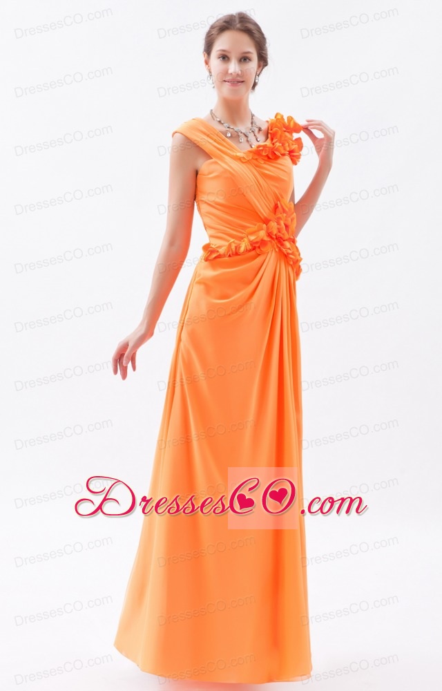 Orange Column / Sheath Asymmetrical Prom Dress Chiffon Hand Made Flowers Long