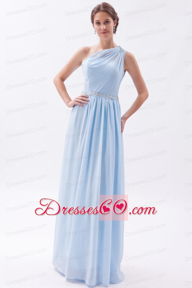Light Blue Empire One Shoulder Prom Dress Chiffon Beading Long