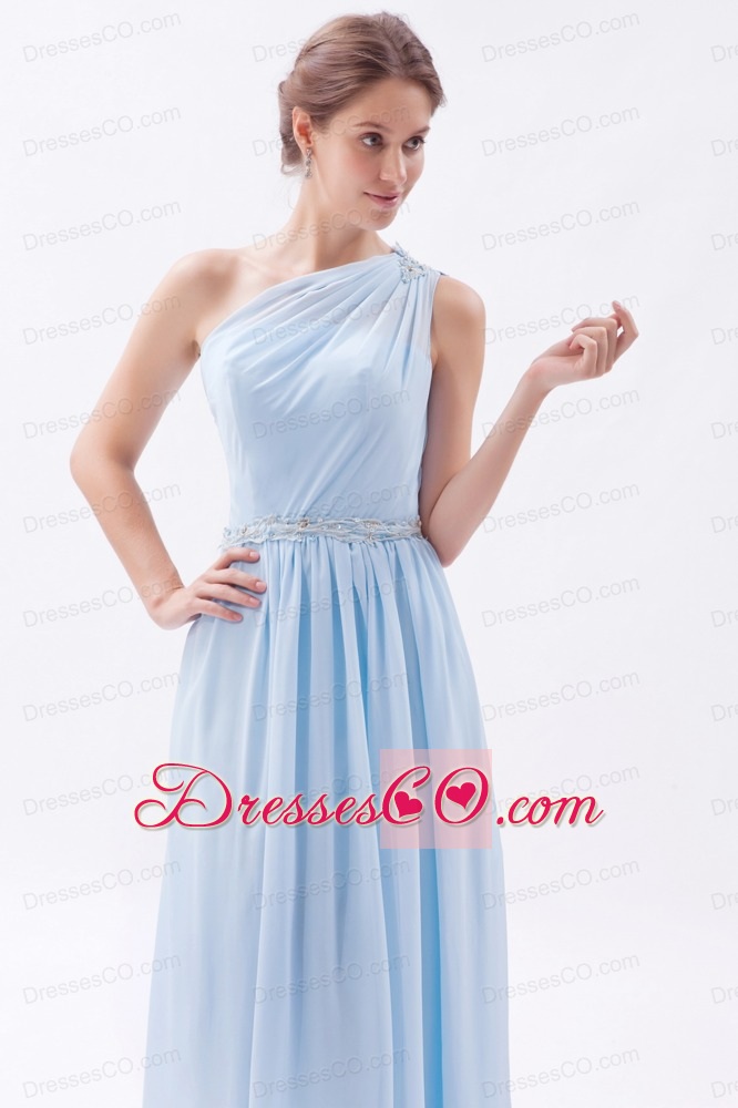 Light Blue Empire One Shoulder Prom Dress Chiffon Beading Long