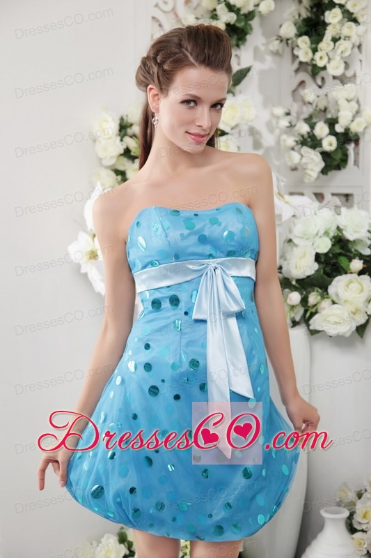 Blue Column / Sheath Strapless Short Tulle Sequins Prom / Cocktail Dress