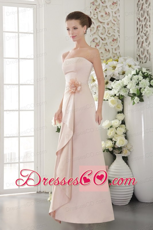 Beautiful Column / Sheath Strapless Long Satin Hand Made Flower Baby Pink Prom Dress