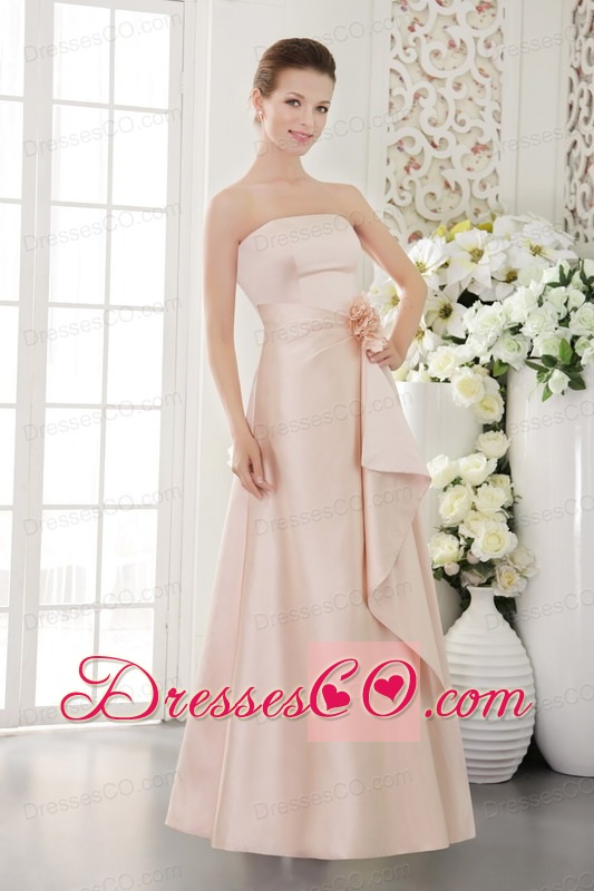 Beautiful Column / Sheath Strapless Long Satin Hand Made Flower Baby Pink Prom Dress