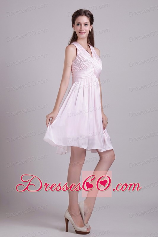 Baby Pink Empire V-neck Short Chiffon Ruched Prom / Cocktail Dress