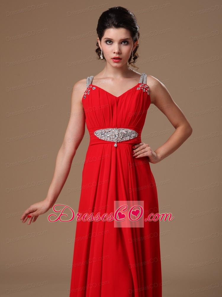 Red Beaded Decorate Shoulder Customize Empire New Style Evening Dress