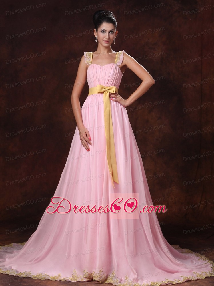 Pink Court Train Bowknot Chiffon A-line Celebrity Prom Gowns For Custom Made