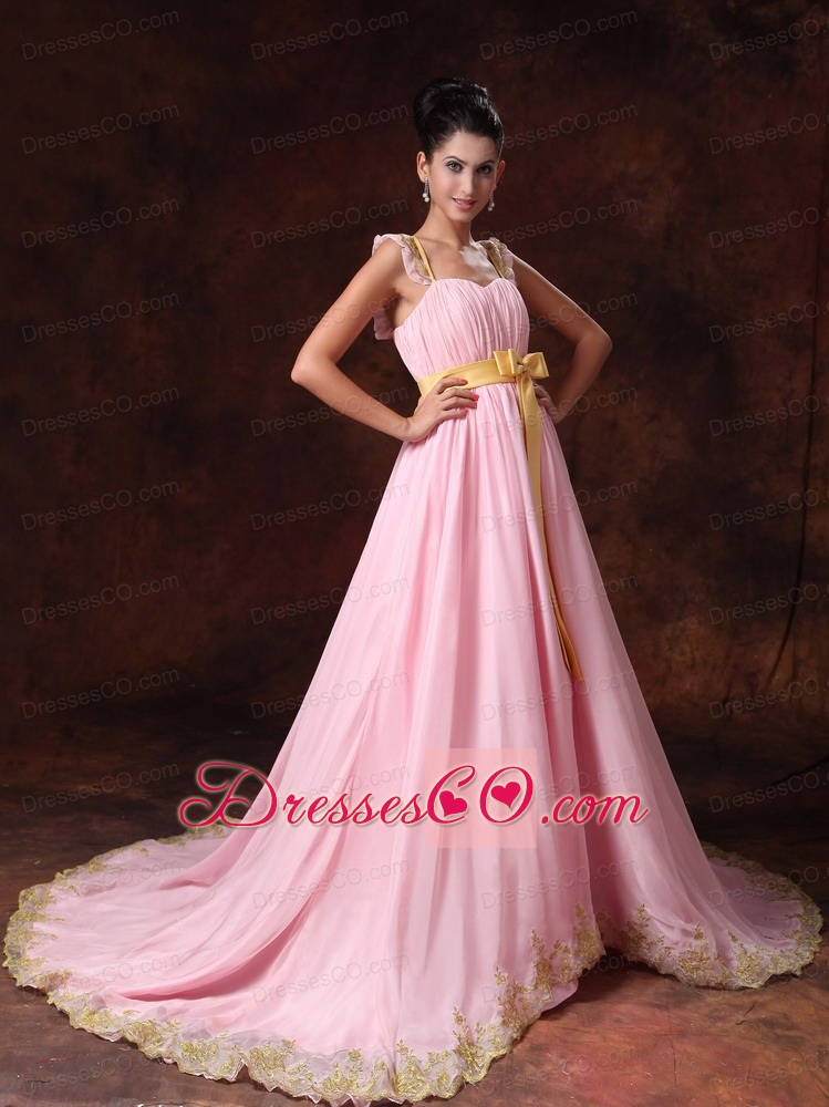 Pink Court Train Bowknot Chiffon A-line Celebrity Prom Gowns For Custom Made