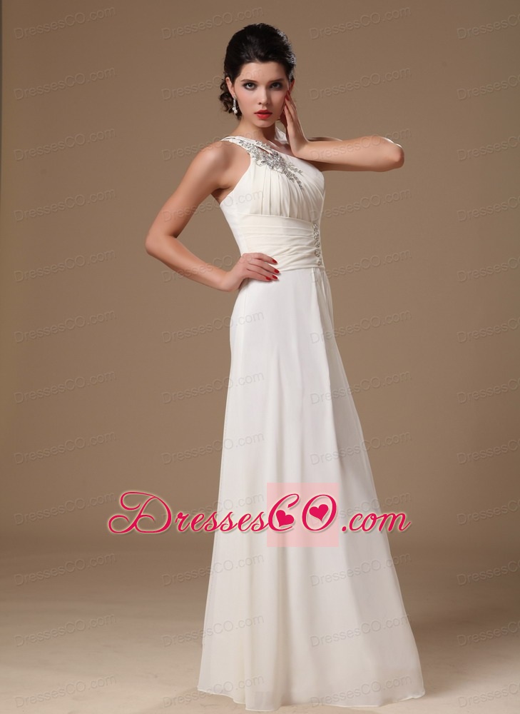 Beaded Decorate One Shoulder White Empire Chiffon Prom Gowns
