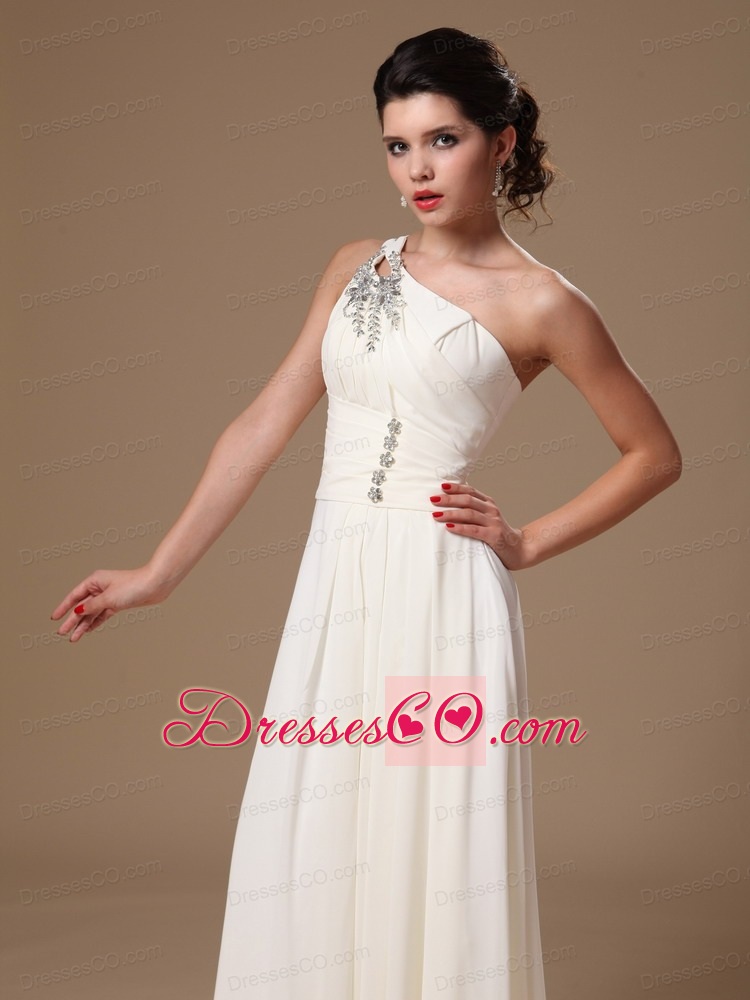 Beaded Decorate One Shoulder White Empire Chiffon Prom Gowns