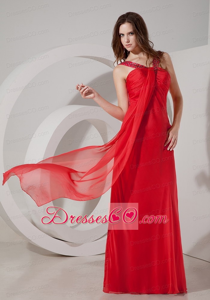 Red Empire V-neck Chiffon Prom Dress with Beading