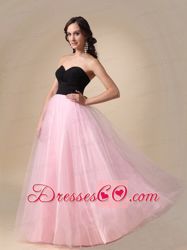 Black And Pink A-line Long Taffeta And Tulle Ruching Prom / Pegant Dress