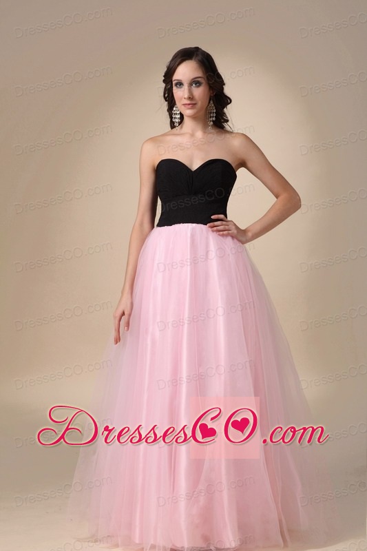 Black And Pink A-line Long Taffeta And Tulle Ruching Prom / Pegant Dress