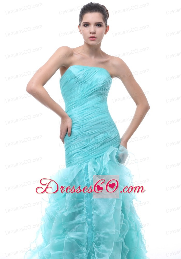 Ruched And Ruffles Decorate Bodice Mermaid Long Blue Organza Prom / Evening Dress