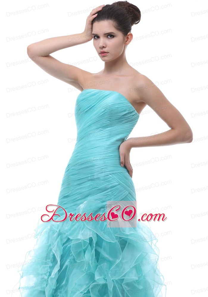 Ruched And Ruffles Decorate Bodice Mermaid Long Blue Organza Prom / Evening Dress