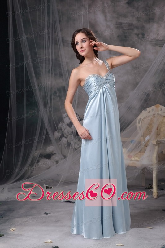 Light Blue Elegant Bridesmaid Dress Column One Shoulder Elastic Woven Satin Beading And Ruching Long