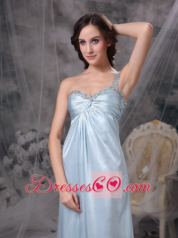 Light Blue Elegant Bridesmaid Dress Column One Shoulder Elastic Woven Satin Beading And Ruching Long
