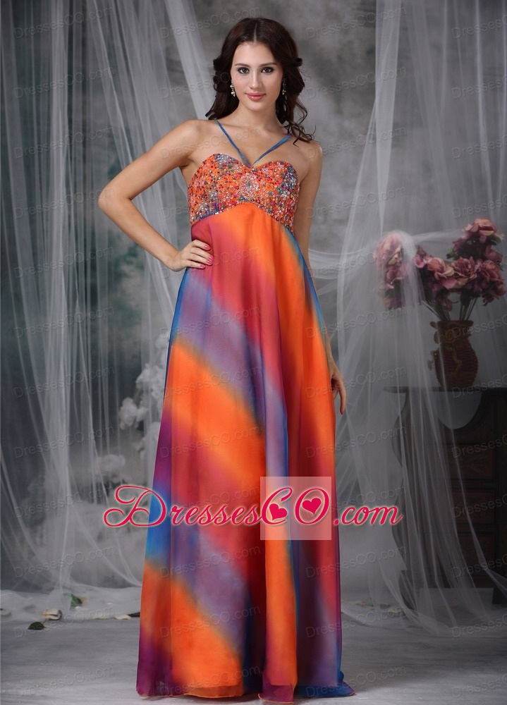Colorful Empire Straps Long Chiffon Beading Prom / Evening Dress