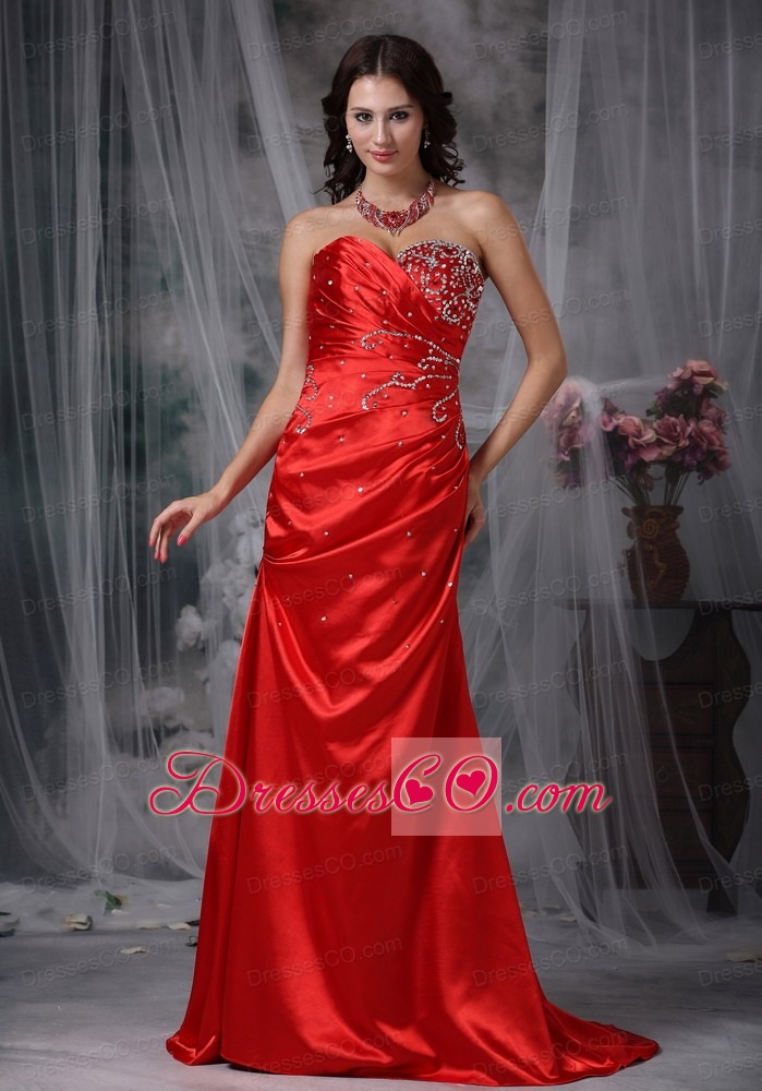 Red Column Brush Train Taffeta Beading Prom Dress