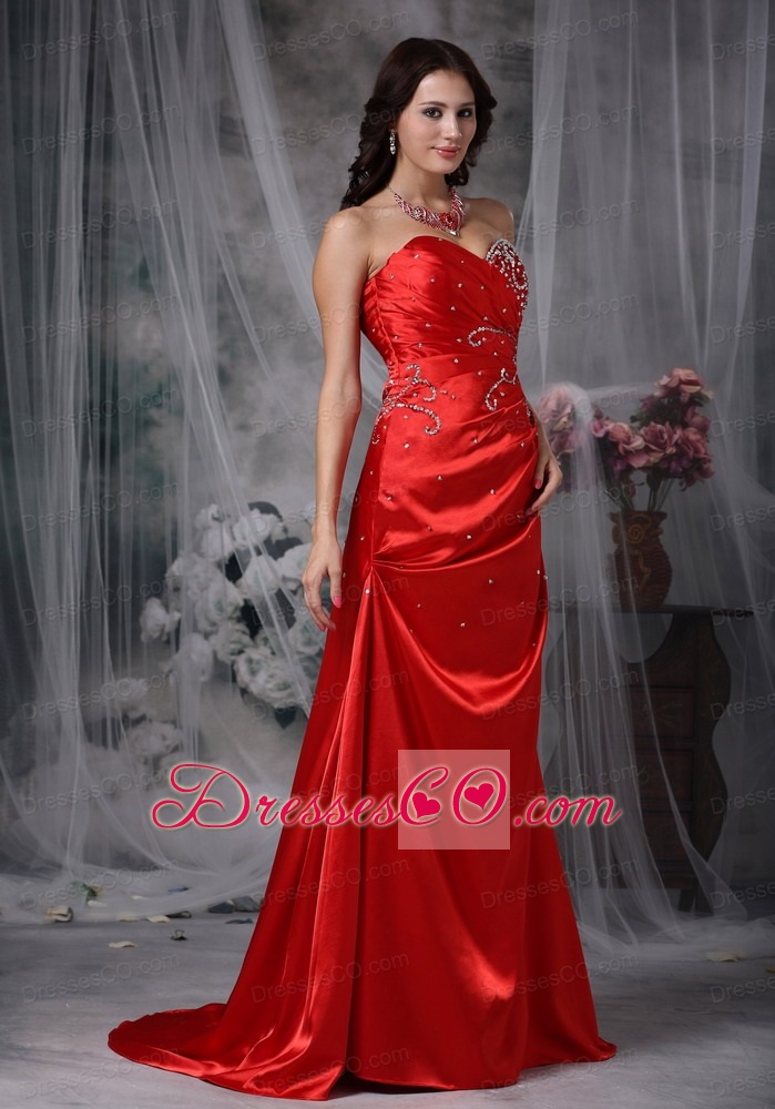 Red Column Brush Train Taffeta Beading Prom Dress
