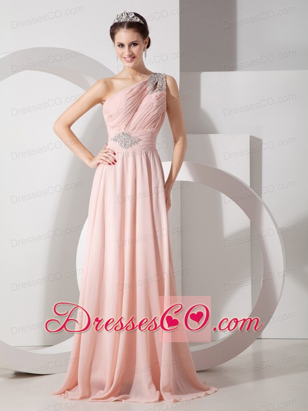 Gorgeous Baby Pink Empire One Shoulder Prom Dress Chiffon Ruching and Beading Brush Train