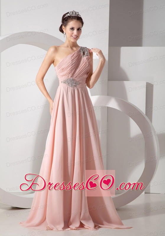 Gorgeous Baby Pink Empire One Shoulder Prom Dress Chiffon Ruching and Beading Brush Train