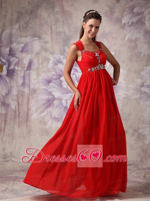 Red Empire / Princess Straps Long Chiffon Beading Prom Dress