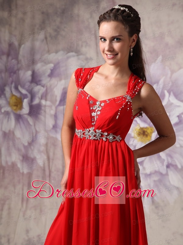 Red Empire / Princess Straps Long Chiffon Beading Prom Dress