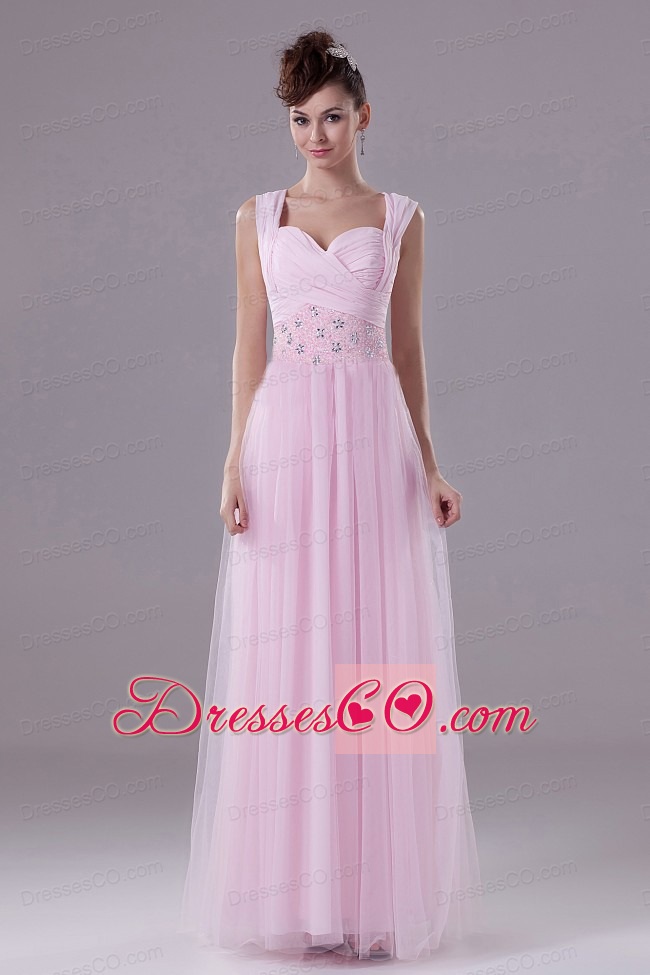 Pink Custom Made Prom Dress With Square Beading Tulle And Long