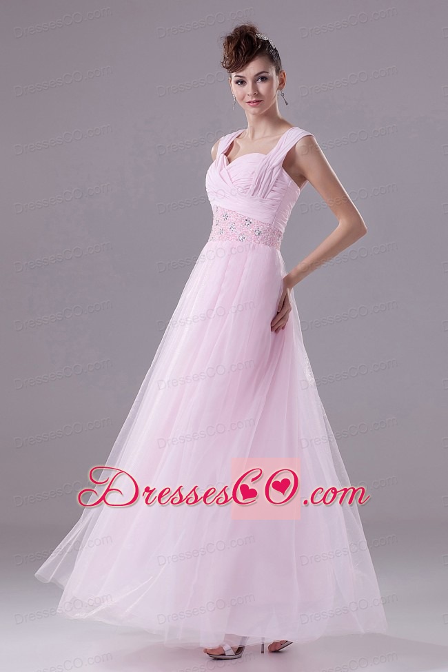 Pink Custom Made Prom Dress With Square Beading Tulle And Long
