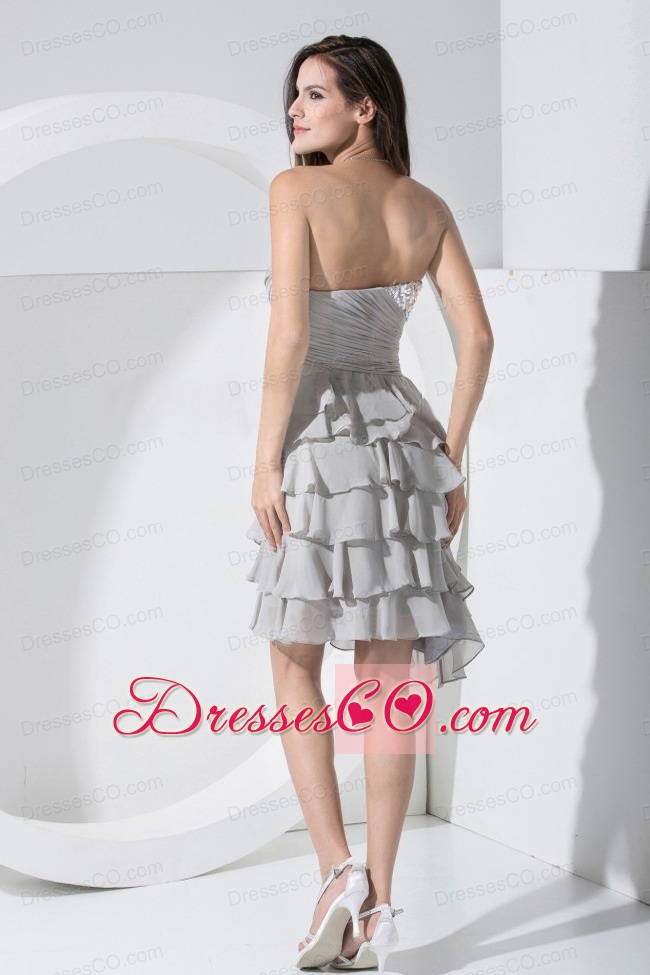 Grey Prom / Cocktail Dress With Sequins And Ruffled Layers Knee-length