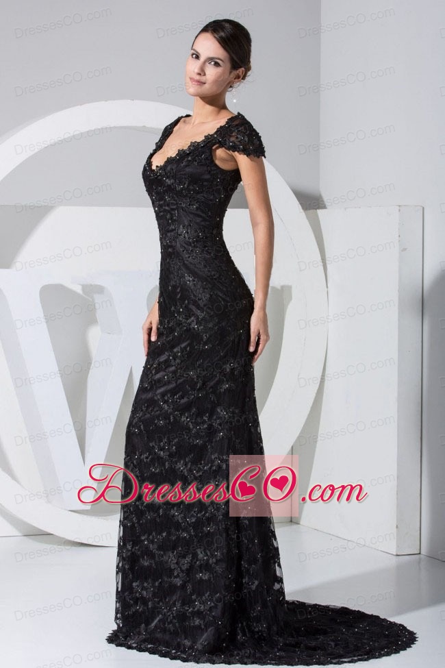 Lace With Beading Scoop Brush Train Cap Sleeves Column Prom Dress For Formal Evening