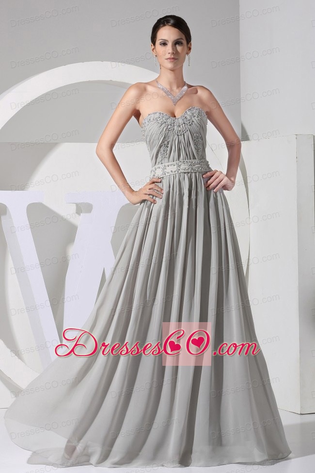 Appliques With Beading Decorate Bodice Grey Chiffon Long Neckline Prom Dress