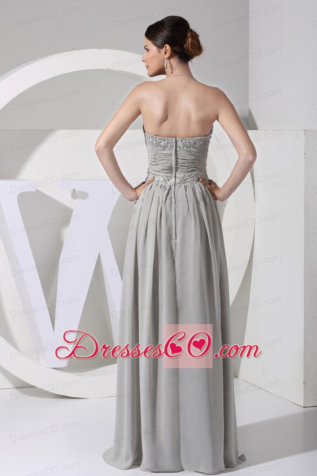 Appliques With Beading Decorate Bodice Grey Chiffon Long Neckline Prom Dress