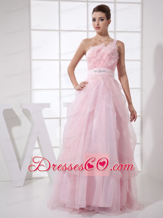 One Shoulder Beading Custom Made Long Pink Organza Prom Dress