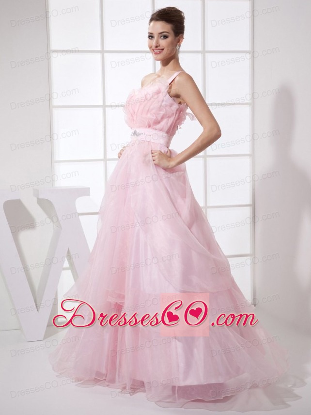 One Shoulder Beading Custom Made Long Pink Organza Prom Dress