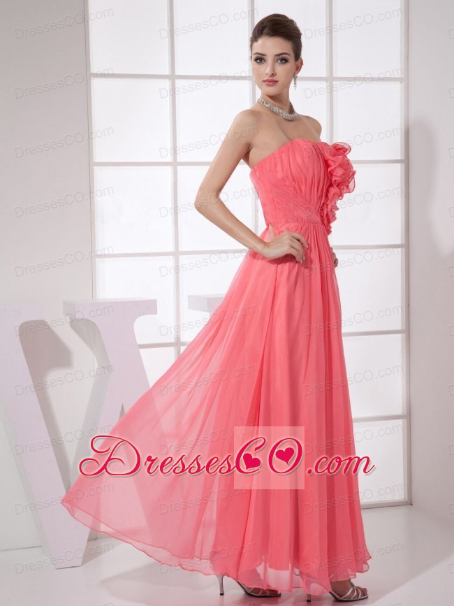 Hand Made Flower Watermelon Red Chiffon Ankle-length Prom Dress