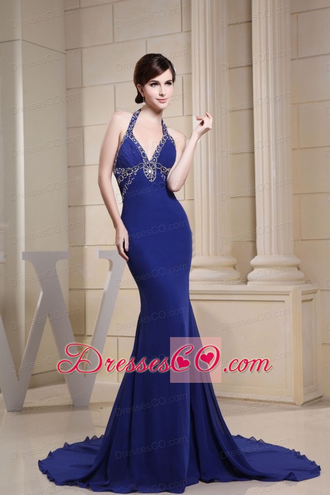 Mermaid Prom Dress With Halter Beading and Ruching For Custom Made