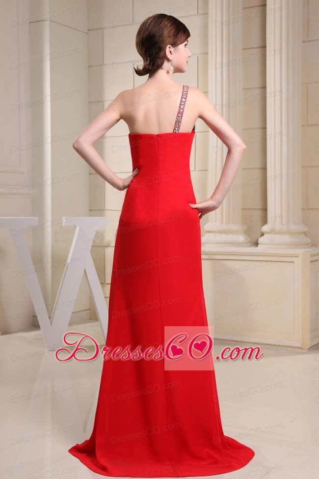 Red High Slit and One Shoulder For Prom Dress With Beading