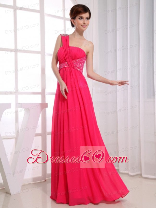 Beading One Shoulder Chiffon Coral Red Empire Long Prom Dress