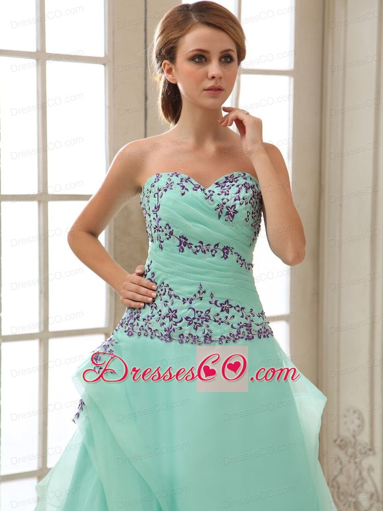Apple Green Appliuqes And Ruched Bodice For Ankle-length Prom Dress