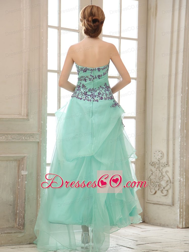 Apple Green Appliuqes And Ruched Bodice For Ankle-length Prom Dress