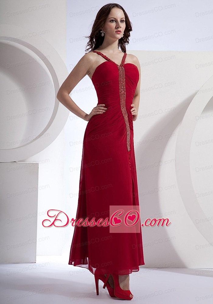 Beading Decorate Bodice High Slit Ankle-length Wine Red Chiffon Prom Dress