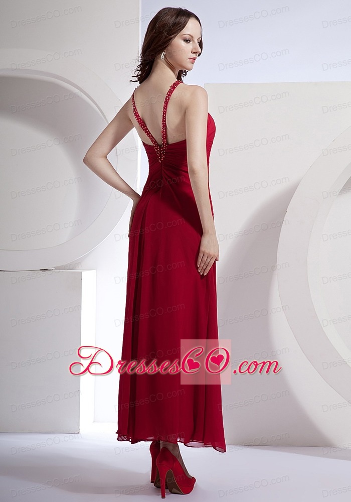 Beading Decorate Bodice High Slit Ankle-length Wine Red Chiffon Prom Dress