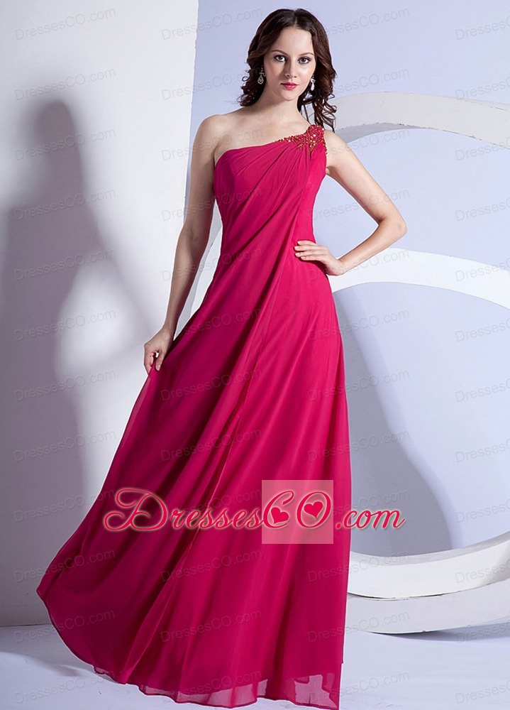 Empire Beading One Shoulder Prom Dress Hot Pink