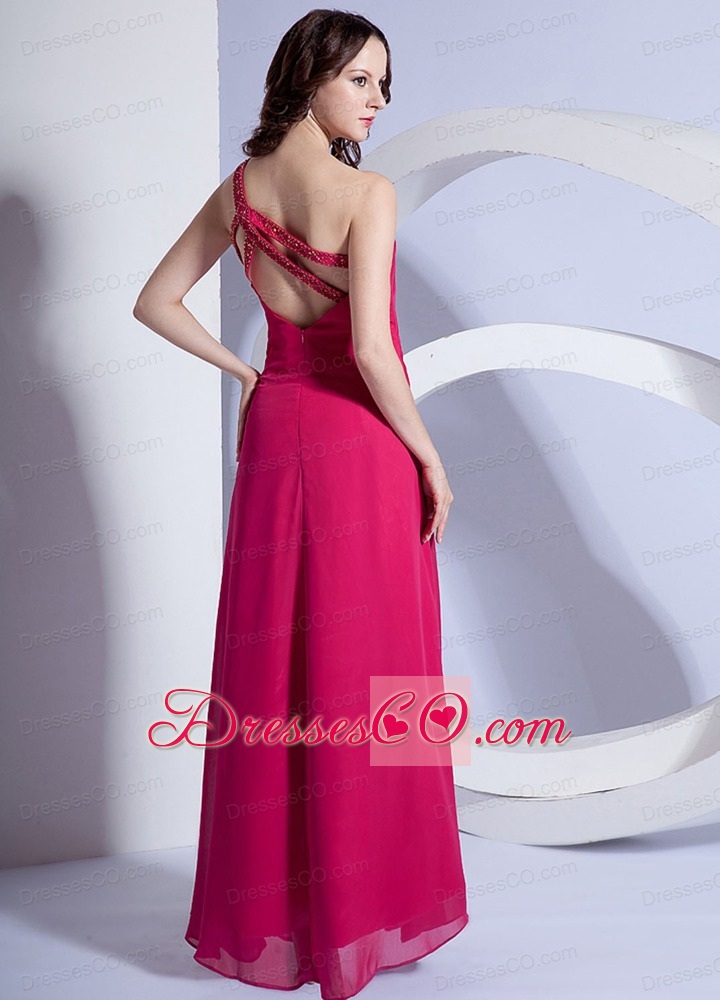 Empire Beading One Shoulder Prom Dress Hot Pink