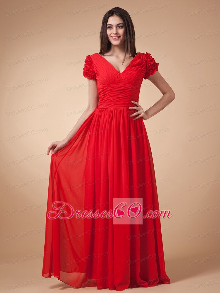 Red Empire Prom Dress V-neck Short Sleeves Long Chiffon With Ruching