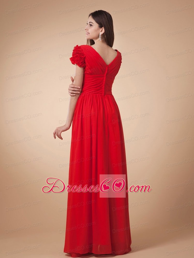 Red Empire Prom Dress V-neck Short Sleeves Long Chiffon With Ruching